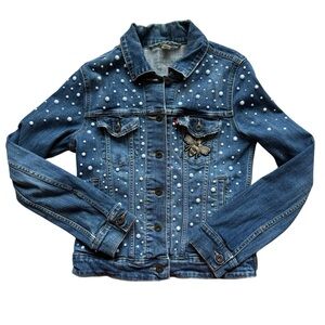 Levi’s Pearl Studded Denim Jacket Bee Patch Embellished Blue Jean Jacket Size S